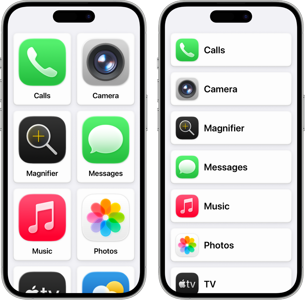 Two iPhone screens showing the Assistive Access Home Screen. One iPhone shows a large grid of just a few apps. The other shows many apps in a list.