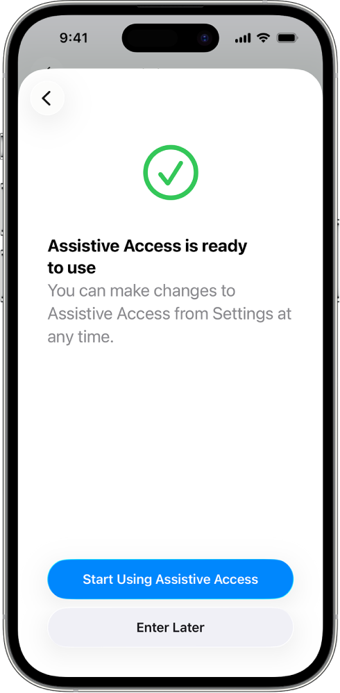 Un iPhone montrant qu’« Accès d’aide » est prêt à être utilisé avec un bouton en bas pour activer la fonctionnalité Accès d’aide.