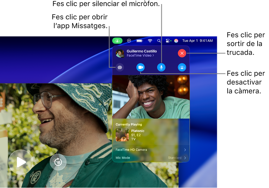 Els controls del SharePlay a la barra de menús, incloent el botons per obrir l’app Missatges, silenciar el micròfon, desactivar la càmera i sortir de la trucada.