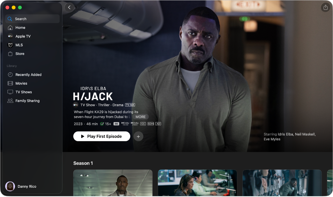 Aplikace Apple TV zobrazující další informace o programu na Apple TV