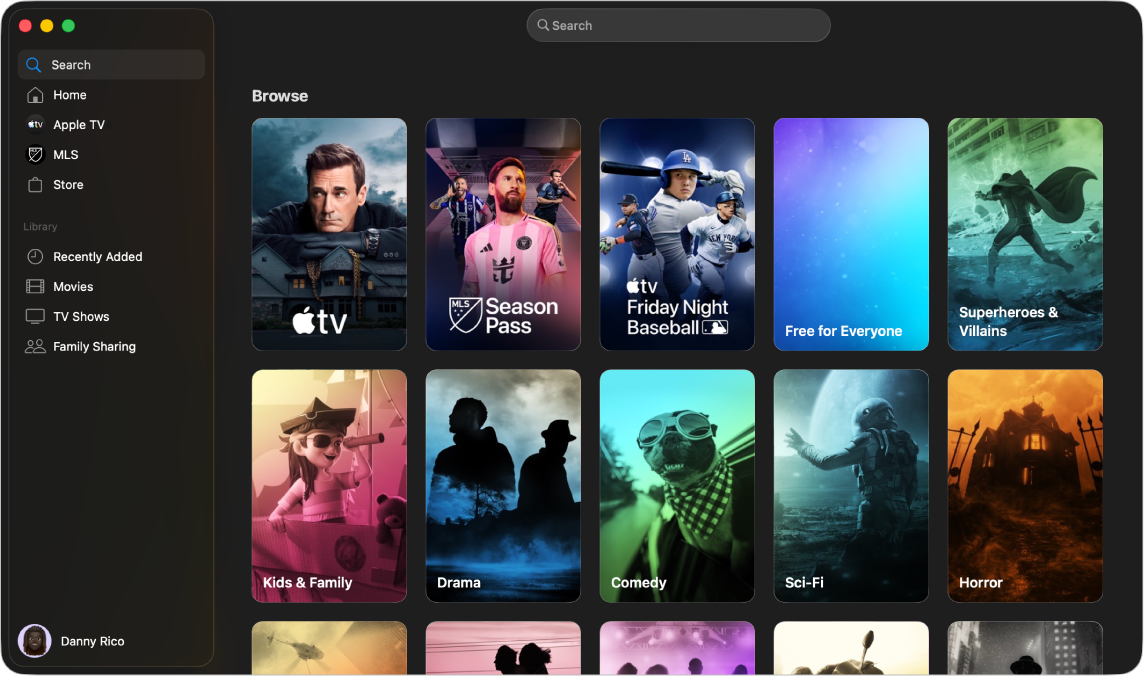 La app Apple TV con el panel Buscar abierto.