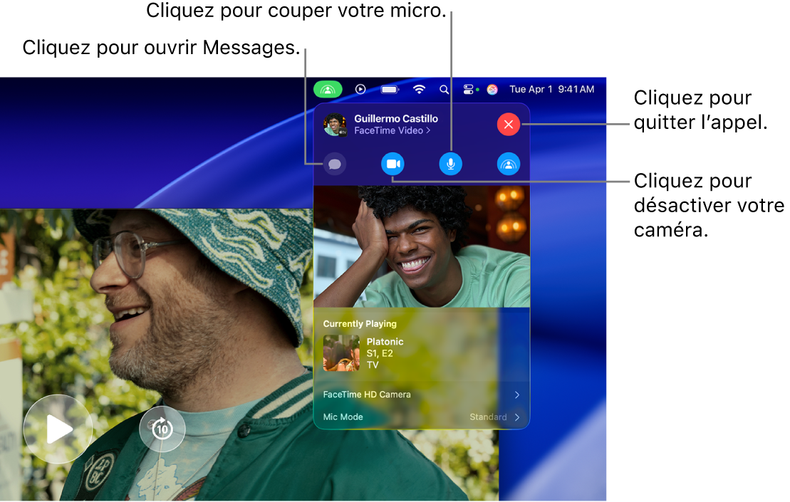 Commandes SharePlay affichées dans la barre des menus, y compris les boutons permettant d’ouvrir l’app Messages, de couper le son du microphone, de désactiver l’appareil photo et de quitter l’appel.