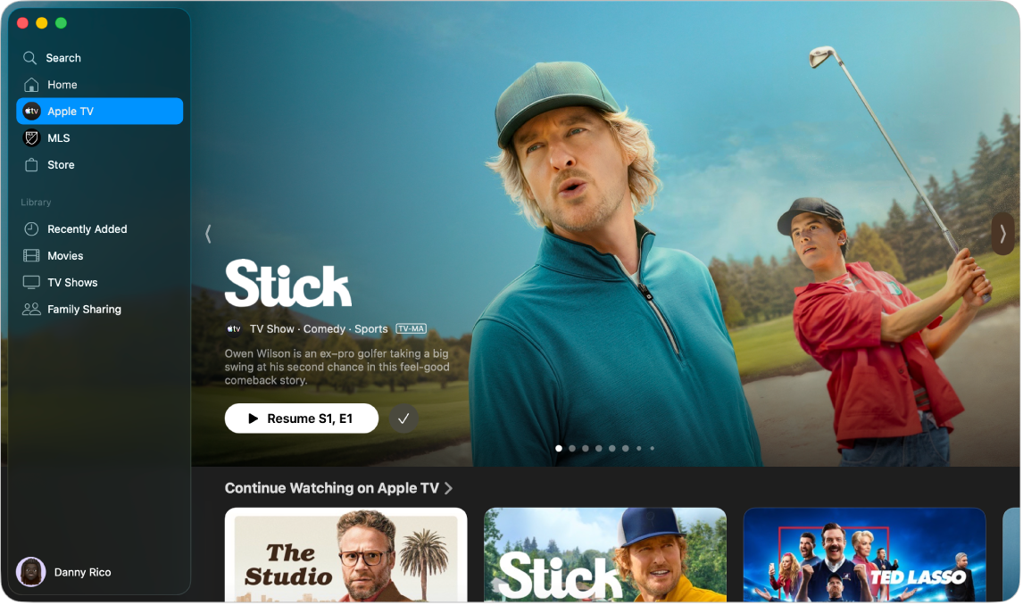 Aplicația Apple TV cu secțiunea Apple TV deschisă.