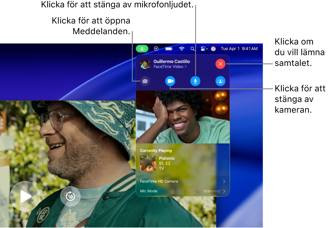 SharePlay-reglagen visas i menyraden och innehåller knappar för att öppna appen Meddelanden, stänga av mikrofonen, stänga av kameran och lämna samtalet.