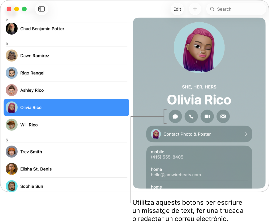 Una targeta de contacte que mostra els botons situats a sota del nom del contacte. Pots fer servir aquests botons per començar un missatge de text; una trucada de telèfon; d’àudio o de vídeo o un missatge de correu electrònic.