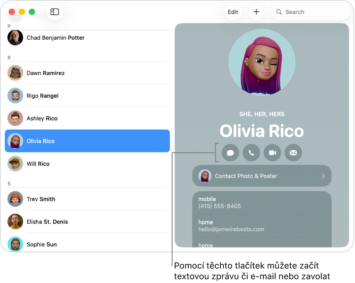 Vizitka s tlačítky pod jménem kontaktu Pomocí těchto tlačítek můžete vytvořit textovou zprávu; uskutečnit telefonní hovor; audiohovor či videohovor nebo napsat e‑mail
