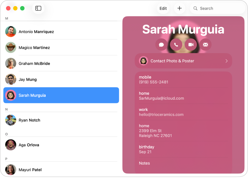 Το παράθυρο «Επαφές» όπου εμφανίζεται μια επαφή με διεύθυνση.