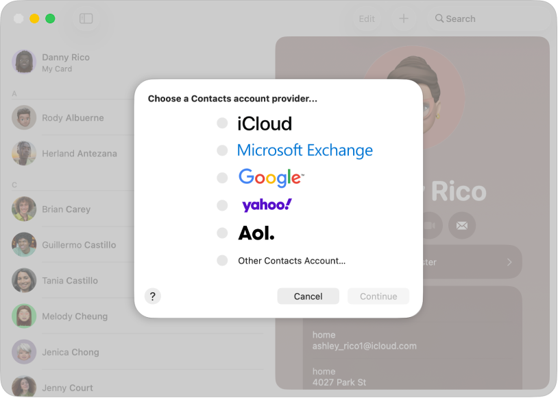 Το παράθυρο για προσθήκη νέων λογαριασμών Διαδικτύου στην εφαρμογή «Επαφές».