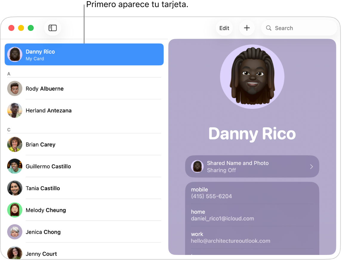 La barra lateral de Contactos con “Mi tarjeta” en la parte superior de la lista.
