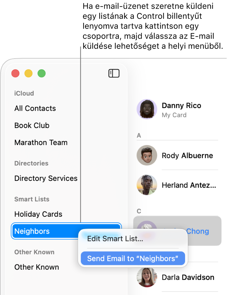A Kontaktok oldalsáv egy előugró menüvel, amely tartalmazza a kiválasztott listának való e‑mail-küldés parancsát.
