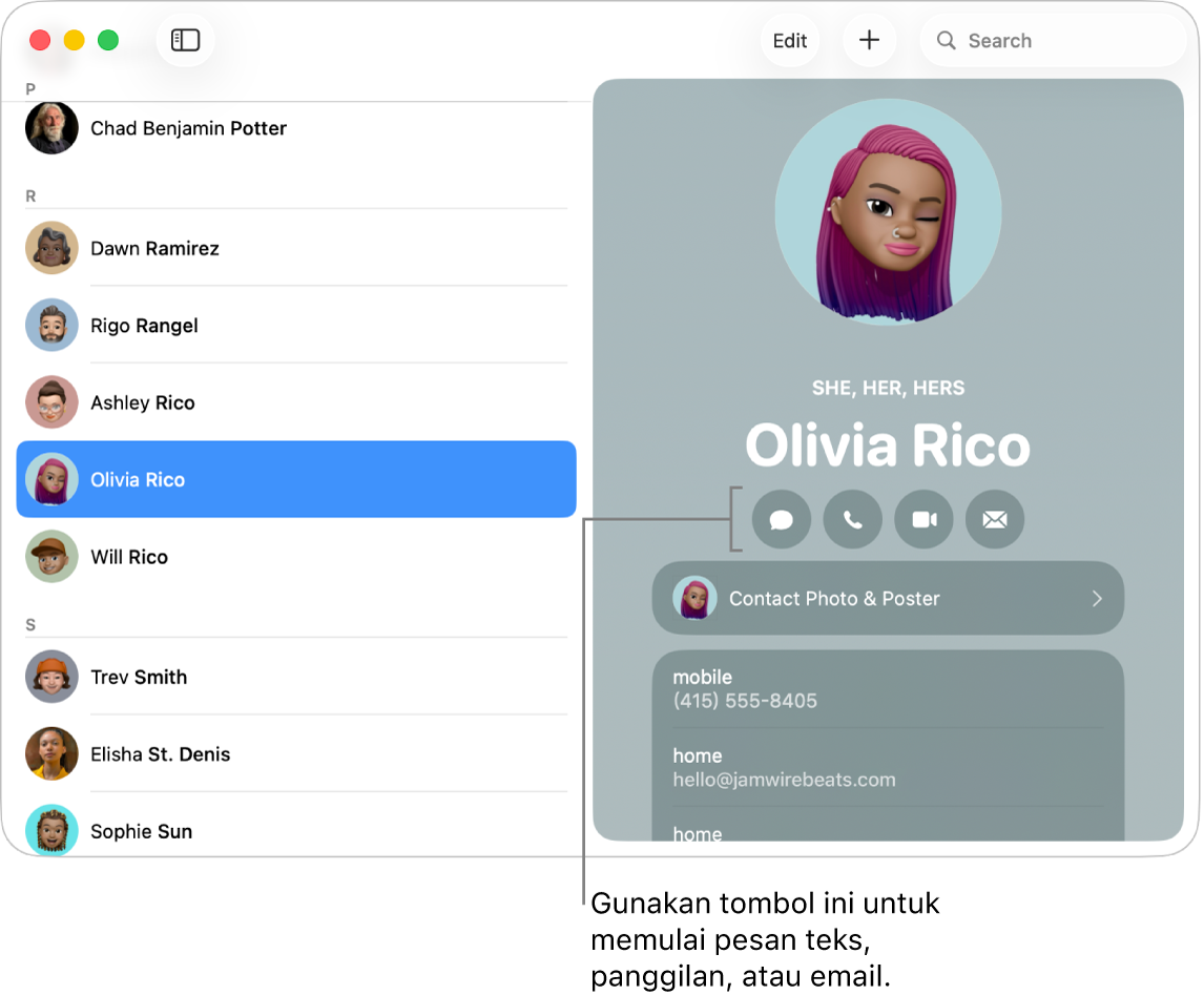 Kartu kontak menampilkan tombol yang berada di bawah nama kontak. Anda dapat menggunakan tombol ini untuk memulai pesan teks; panggilan telepon; panggilan audio atau video; atau email.