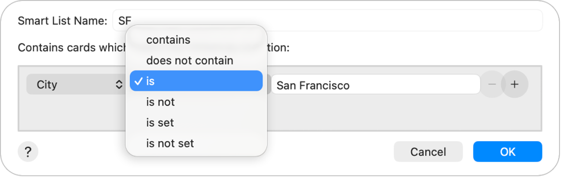 Dialog Senarai Pintar menunjukkan senarai yang dinamakan SF dan syarat dengan tiga kriteria.