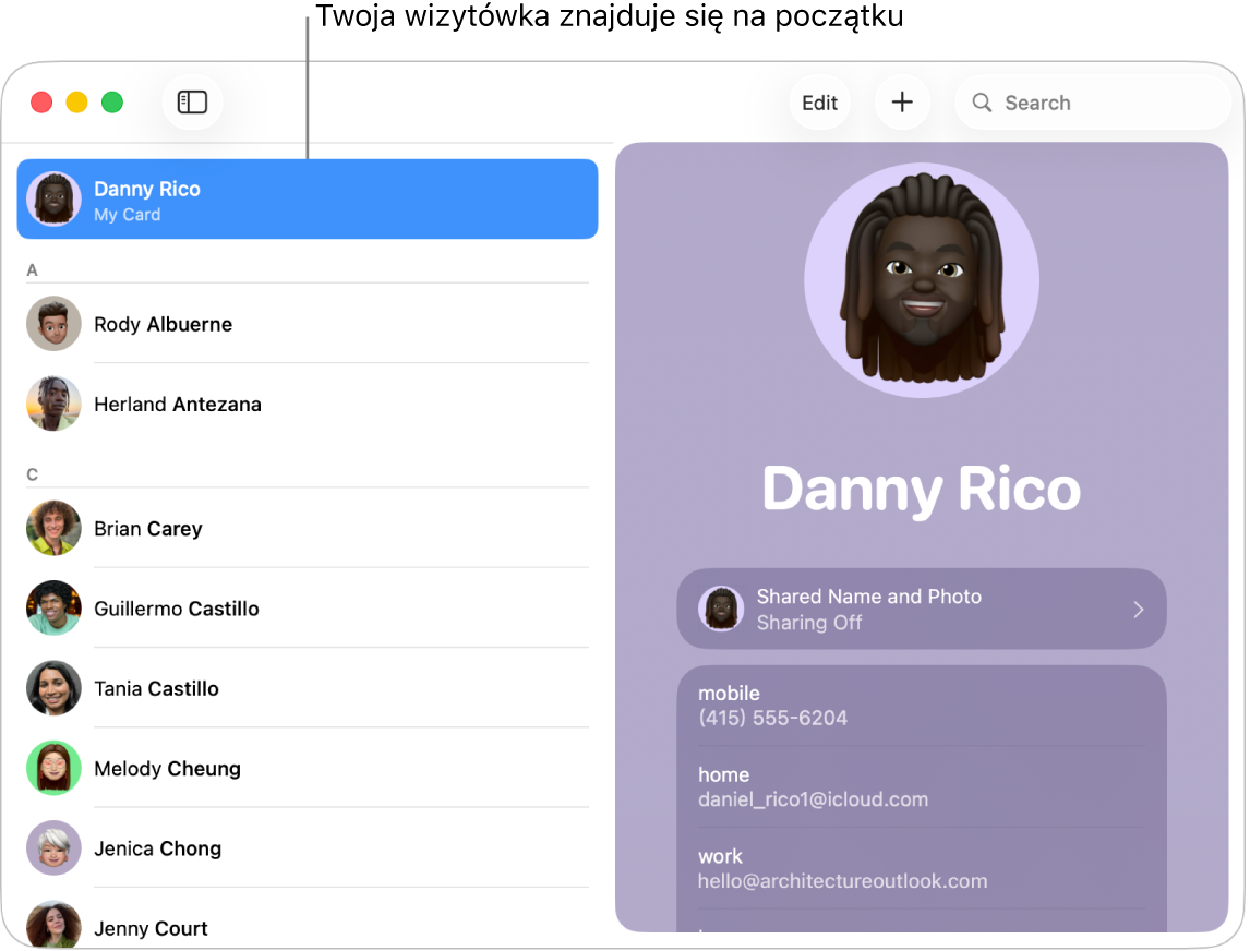 Pasek boczny Kontaktów z pozycją Moja wizytówka na samej górze.