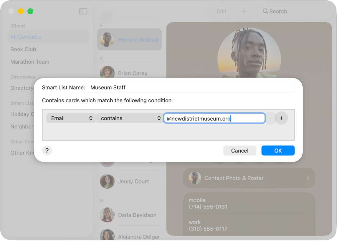 Диалоговое окно добавления смарт-списка с тремя всплывающими меню для добавления критериев.