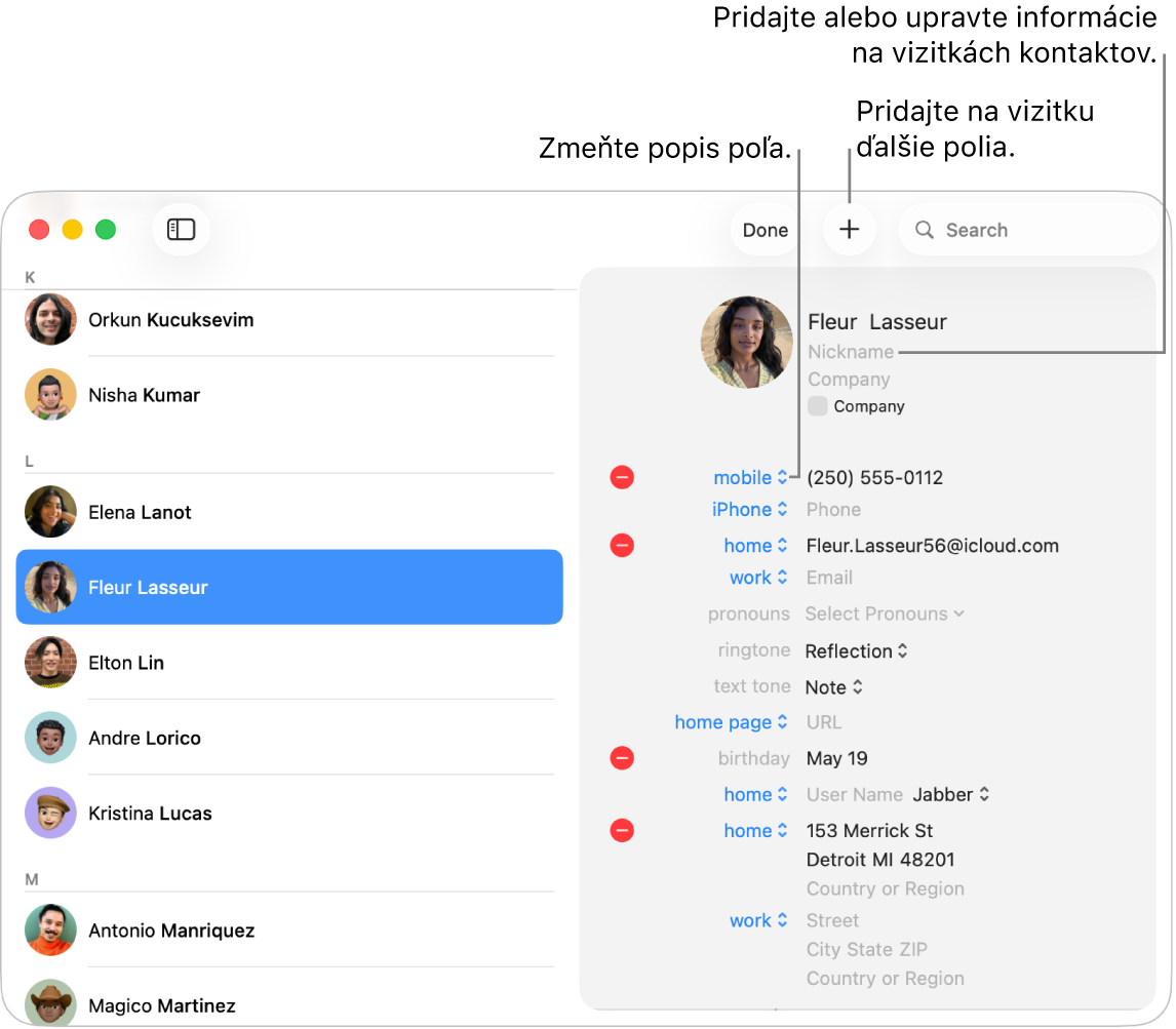 Vizitka kontaktu v režime úprav. Kliknutím na popis zmeníte popis poľa. Kliknutím na tlačidlo Pridať pridáte na vizitku ďalšie polia. Kliknutím na pole pridáte alebo zmeníte informácie.