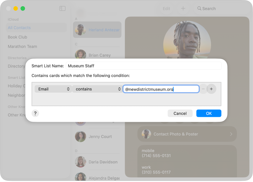Dialogrutan för att lägga till en smart lista, med en lista som heter Museipersonal och som innehåller kontakter med mejladresser som har ett museums e-postdomän.
