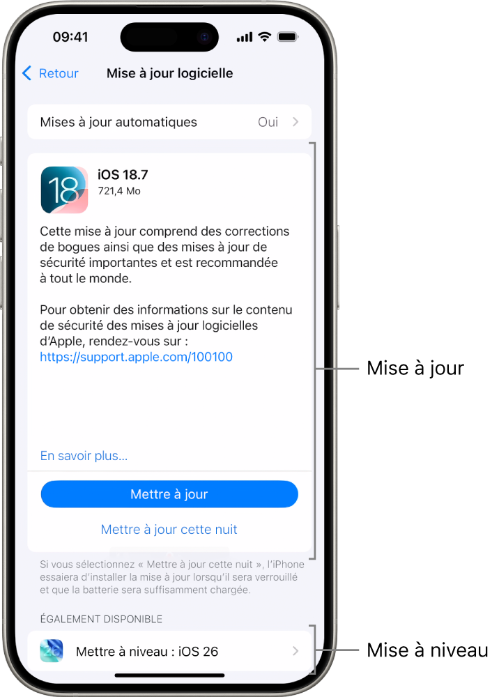 Un écran d’iPhone qui affiche une mise à jour vers iOS 18.7 ou une mise à niveau vers iOS 26.