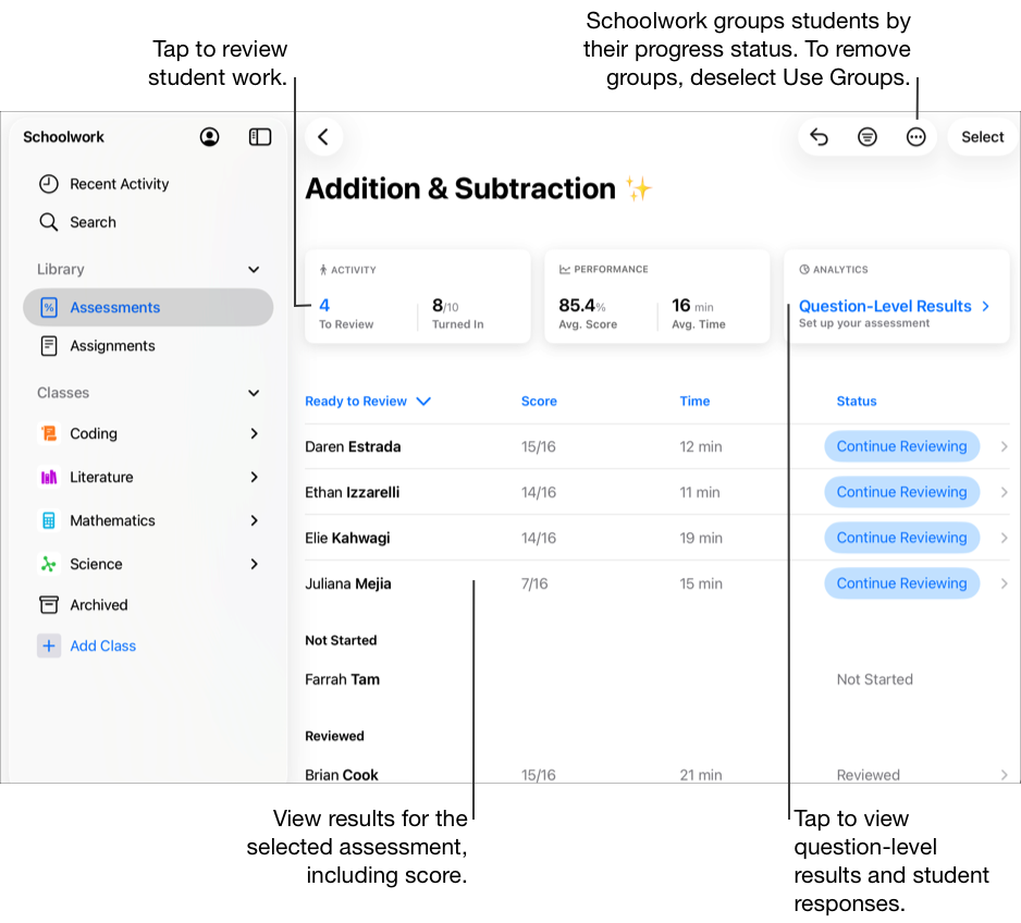 Příklad zobrazení podrobností o testu. Jsou vidět výsledky pro vybraný test, včetně času a skóre. Škola studenty seskupuje podle stavu jejich postupu. Pokud chcete skupiny odebrat, klepněte na tlačítko Další volby a zrušte výběr volby Používat skupiny. Až budete chtít zkontrolovat práci studentů, klepněte na kartě Aktivita na ty studenty, u kterých se zobrazuje stav Ke kontrole. Jestli se chcete podívat na výsledky na úrovni jednotlivých otázek a na odpovědi jednotlivých studentů, klepněte na kartu Analýza.