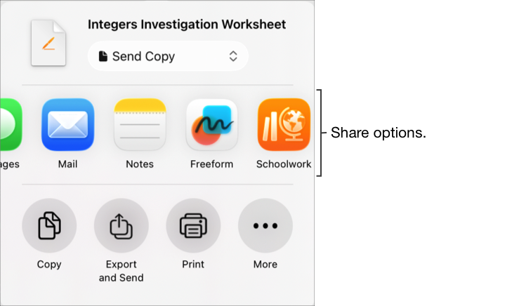 Die Befehle der Taste „Teilen“ mit dem ersten Bereich der Optionen zum Teilen mit „Schoolwork“ und dem zweiten Bereich der Aktionen zum Teilen unten.