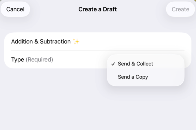 Ein Beispiel für den Pop-up-Bereich „Entwurf erstellen“ mit dem Titel des Tests, „Addition & Subtraction“ (Addition und Subtraktion), und der im Einblendmenü „Typ“ ausgewählten Option „Senden und einsammeln“.