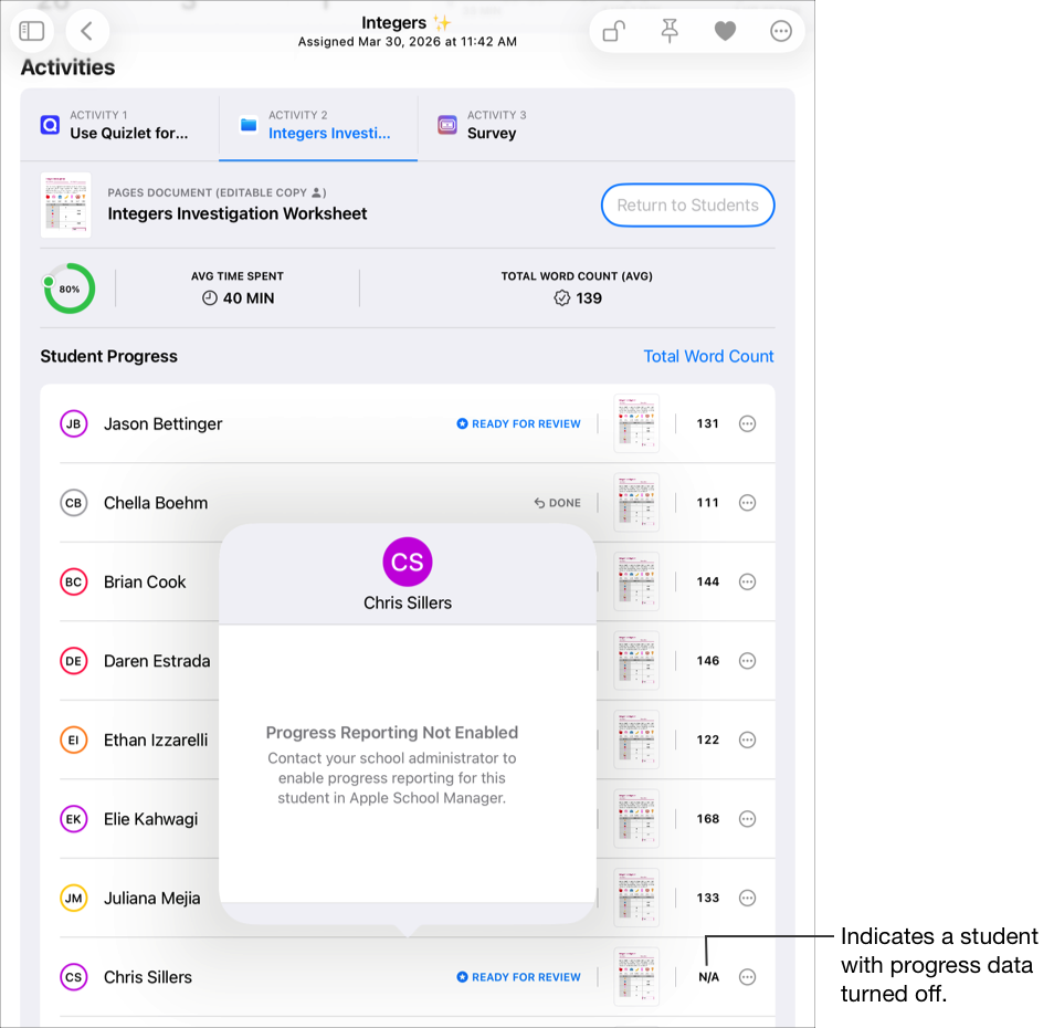 Ένα υπόδειγμα προβολής λεπτομερειών ανάθεσης που εμφανίζει λεπτομερή δεδομένα προόδου για την επιλεγμένη δραστηριότητα, καθώς και την ένδειξη «Μ/Δ» σε μια σειρά μαθητή που υποδεικνύει έναν μαθητή με απενεργοποιημένα δεδομένα προόδου και το αναδυόμενο τμήμα παραθύρου δεδομένων προόδου μαθητή που προσδιορίζει ότι τα δεδομένα προόδου έχουν απενεργοποιηθεί για τον μαθητή.