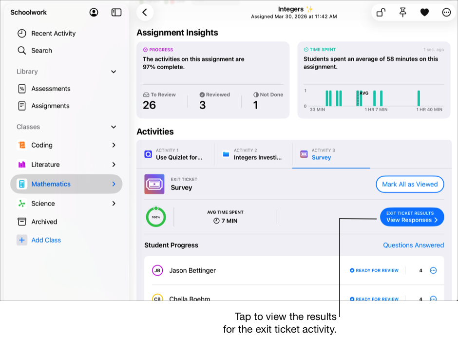 A sample assignment details view showing detailed progress data for the selected activity, including percentage complete, average time spent and the Exit Ticket Results button. Tap View Responses to view the results for the exit ticket activity.