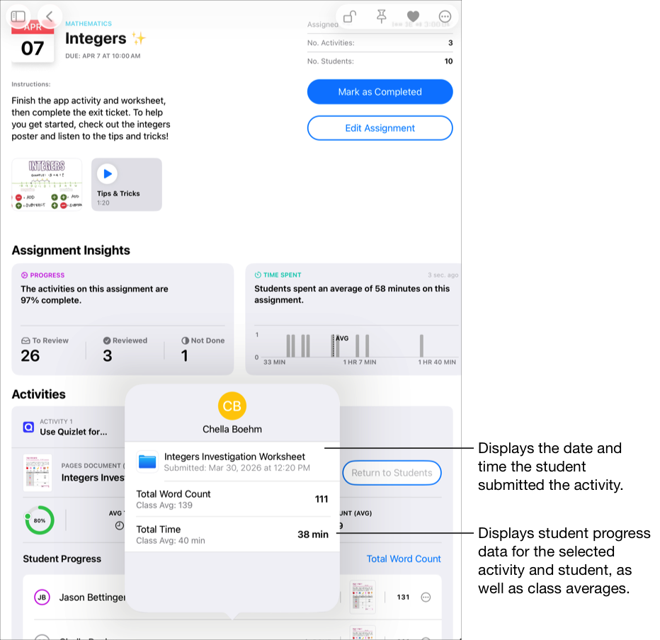 A sample assignment details view showing the student progress data pop-up pane for the selected student. The pop-up pane displays student progress data for the selected activity and student, as well as class averages and submitted date and time.