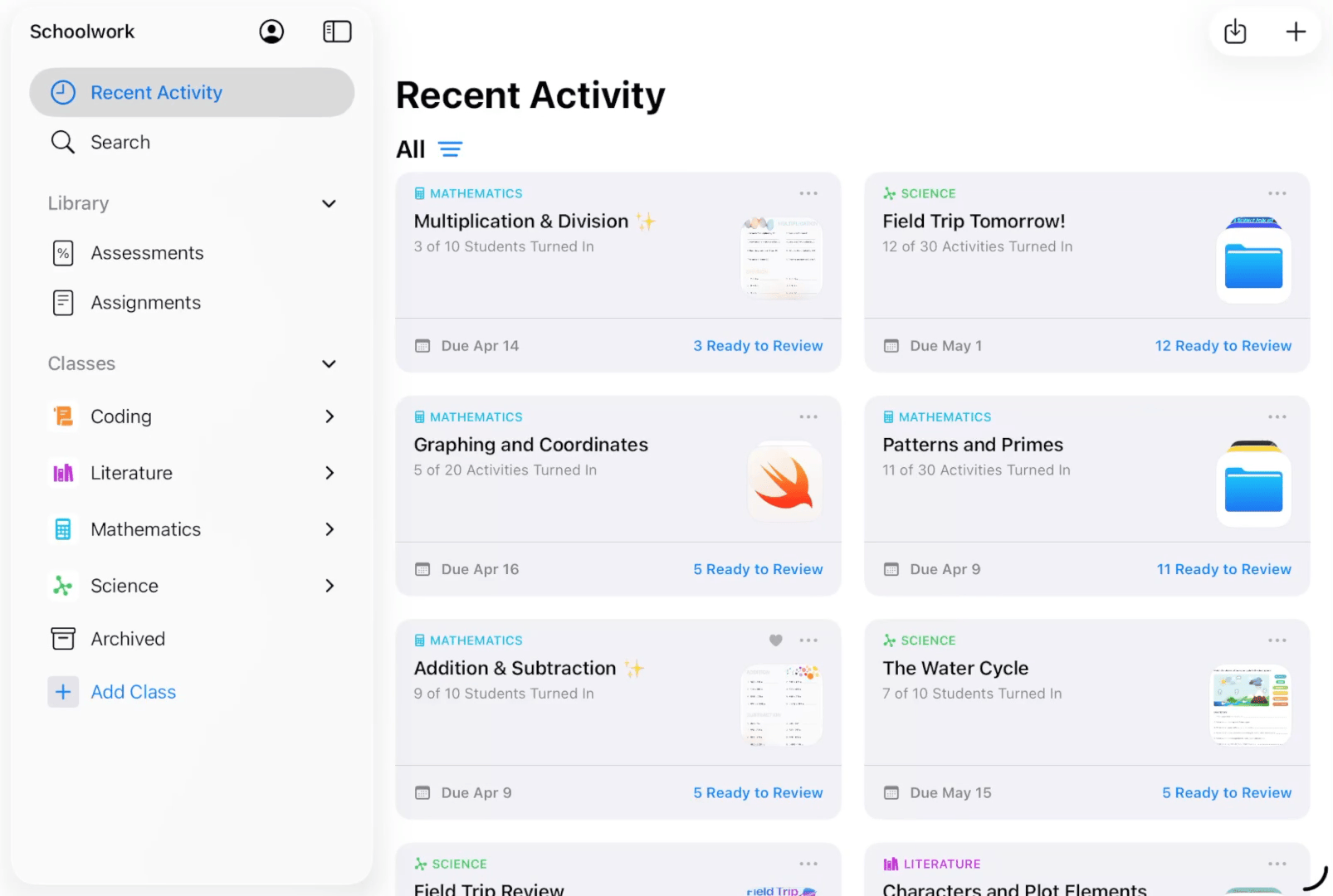 A sample GIF file showing how to create and send an assessment in Schoolwork.
