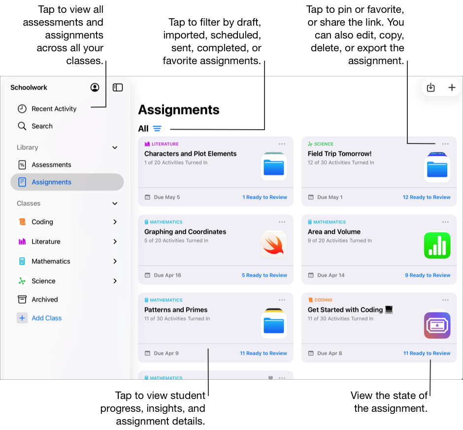 Assignments view showing all assignments across all your classes. Tap the Filter button, then tap Drafts, Imported, Scheduled, Sent, Completed or Favourites. In addition to Assignments, the Schoolwork sidebar contains Recent Activity, Search, Assessments, four class views (Coding, Literature, Mathematics, and Science) and the class archive view. To view student progress, insights and assignment details, tap an assignment. Assignment cards display the state of the assignment. Tap the More Options button to pin or favourite the assessment or assignment, or share the link. You can also edit, copy, delete or export the assessment or assignment. You can also tap Recent Activity to view all assessments and assignments across all your classes.