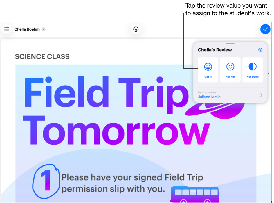 A sample of a student’s assessment reviewed using the Completion review type. Tap the review value in the card that you want to assign to the student’s work.