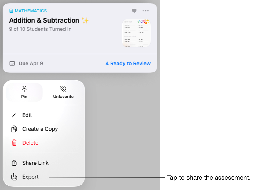 A sample of an assessment card. Tap Export to share the assessment.