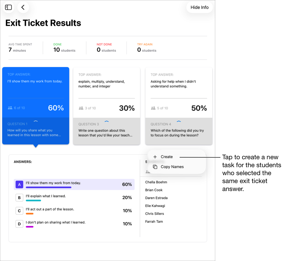 Ejemplo de una vista de resultados de encuestas de salida donde se muestra la primera respuesta principal seleccionada, y las respuestas y los estudiantes asociados. Toca Create (Crear) si quieres crear una nueva para los estudiantes que seleccionaron la misma respuesta de la encuesta de salida.