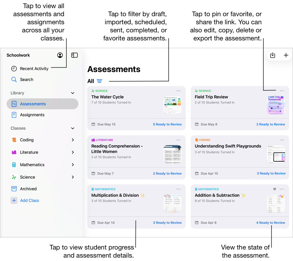 Vista de Evaluaciones, donde se ven todas las evaluaciones en todas las clases. Toca el botón Filtrar y luego toca Borradores, Importados, Programados, Enviados, Terminados o Favoritos. Además de Evaluaciones, la barra lateral de Tareas Escolares contiene Recientes, Buscar, Tareas, cuatro vistas de clase (Programación, Literatura, Matemáticas y Ciencias) y la vista de archivos de clase. Para ver el progreso de los estudiantes y los detalles de una evaluación, toca una evaluación. Las tarjetas de evaluación muestran el estado de la evaluación. Toca el botón Más opciones para fijar o marcar como favorita la evaluación o tarea, o comparte el enlace. También puedes editar, copiar, eliminar o exportar la evaluación o tarea. También puedes tocar Recientes para ver todas las evaluaciones y tareas en todas tus clases.