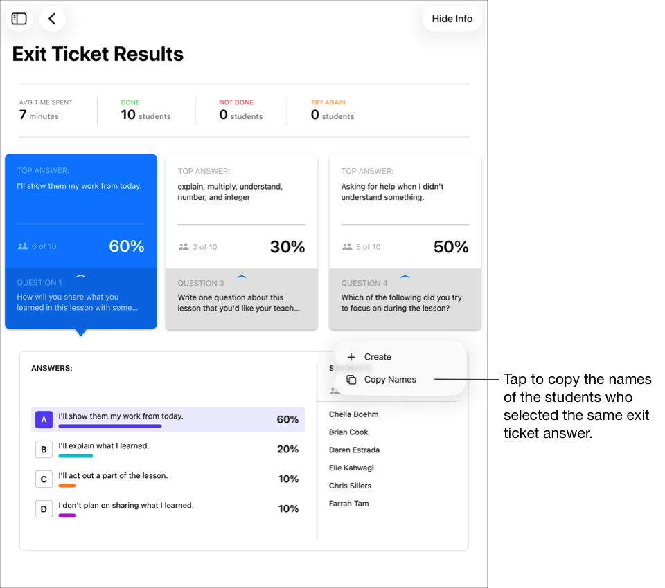 Kuvassa on esimerkki oppimisarviotuloksista: Valittuna on suosituin vastausvaihtoehto. Lisäksi näytetään muut liittyvät vastaukset ja opiskelijat. Jos haluat kopioida niiden opiskelijoiden nimet, jotka ovat valinneet saman oppimisarviokysymyksen, napauta Kopioi nimet.