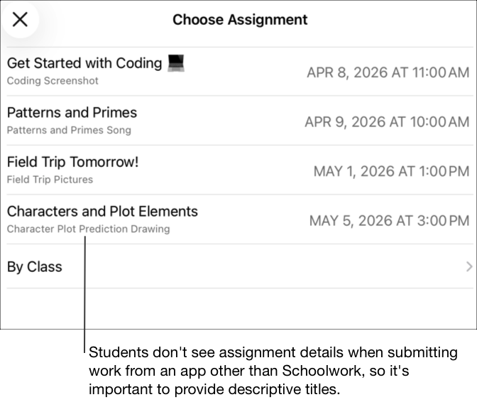 Exemple de sous‑fenêtre contextuelle Choisir un devoir montrant quatre devoirs pour lesquels un travail doit être effectué (Get Started with Coding, Patterns and Primes, Field Trip Tomorrow!, Characters and Plot Elements). Les élèves ne voient pas s’afficher les détails concernant le devoir lorsqu’ils rendent celui-ci à partir d’une app autre que Pour l’école. C’est pourquoi il est essentiel d’attribuer un titre descriptif.