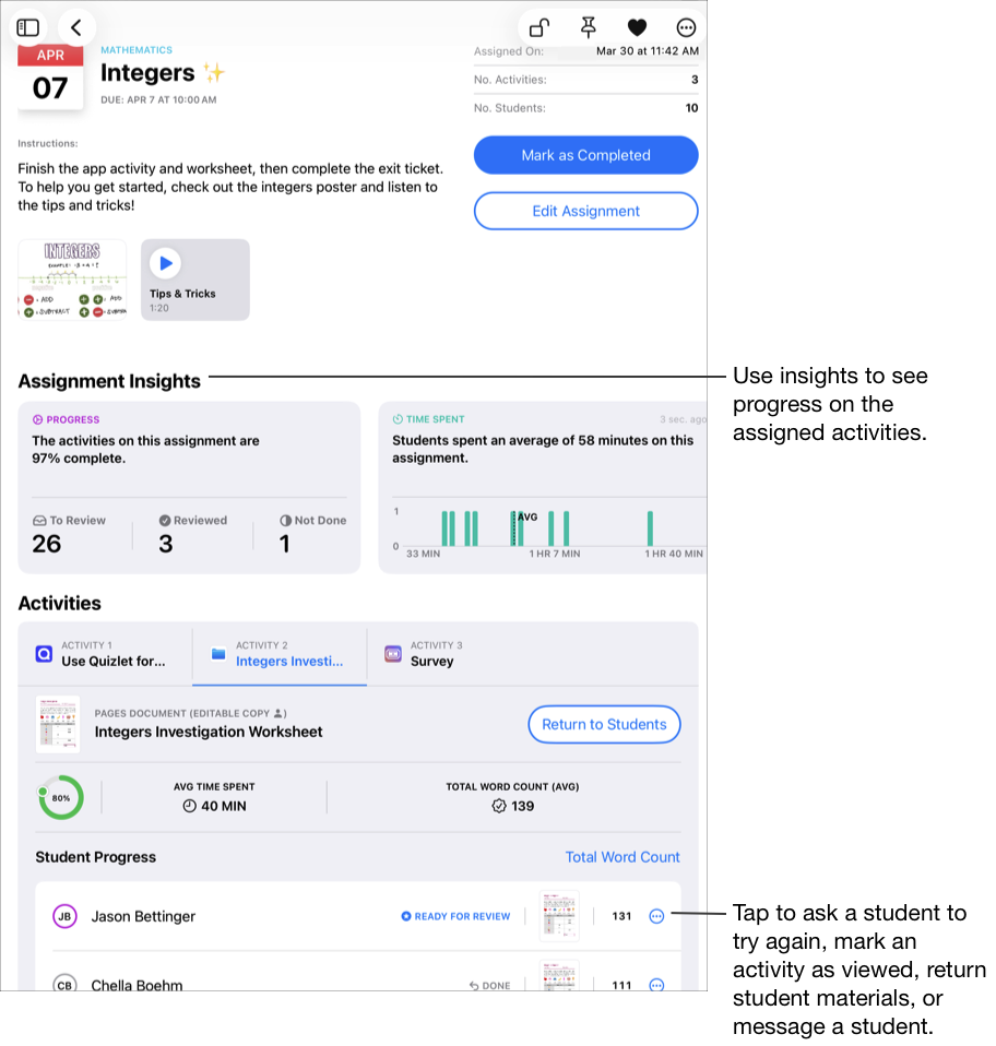 Exemple de vue des détails d’un devoir affichant des données de progression de l’activité sélectionnée. Utilisez des observations pour voir la progression concernant les activités attribuées. Touchez le bouton Plus d’options pour demander à un élève de retenter une activité, pour marquer une activité comme consultée ou pour renvoyer des supports ou un message à l’élève.