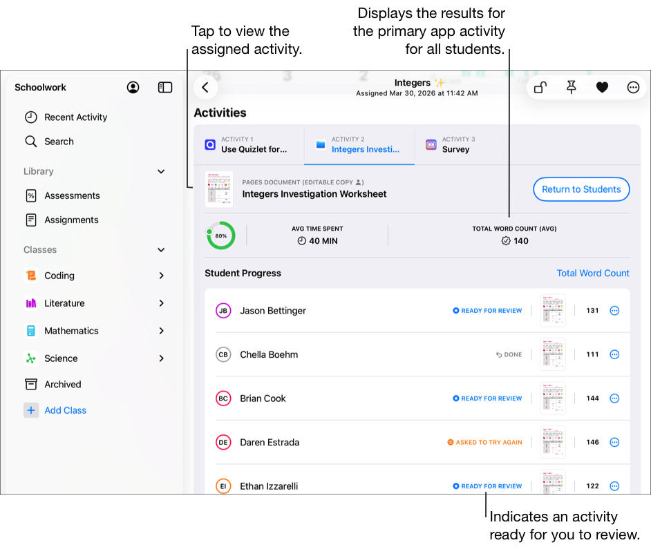 Exemple de section Activités dans un devoir affichant trois activités attribuées. L’onglet de l’activité sur feuille de calcul Integers Investigation est sélectionné et affiche les données de progression détaillées pour la principale activité proposée dans l’app, notamment le pourcentage effectué, le temps moyen passé et le nombre total de mots pour la classe. Touchez la vignette de l’app pour afficher l’activité attribuée. Pour l’école vous indique les activités prêtes à être corrigées (Prêtes à être corrigées).