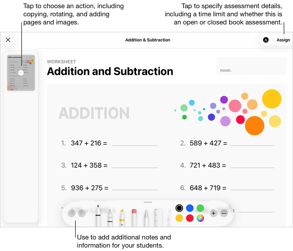 학생에게 배정할 준비가 된 샘플 평가. 마크업 도구를 사용하여 학생에게 추가 메모 및 정보를 추가합니다. 추가 옵션 버튼을 탭하여 왼쪽으로 회전, 오른쪽으로 회전, 빈 페이지 삽입 등을 사용해 평가를 편집합니다. 할당을 탭하여 제한 시간과 개방형 평가인지 폐쇄형 평가인지를 포함하는 평가 세부사항을 할당합니다.