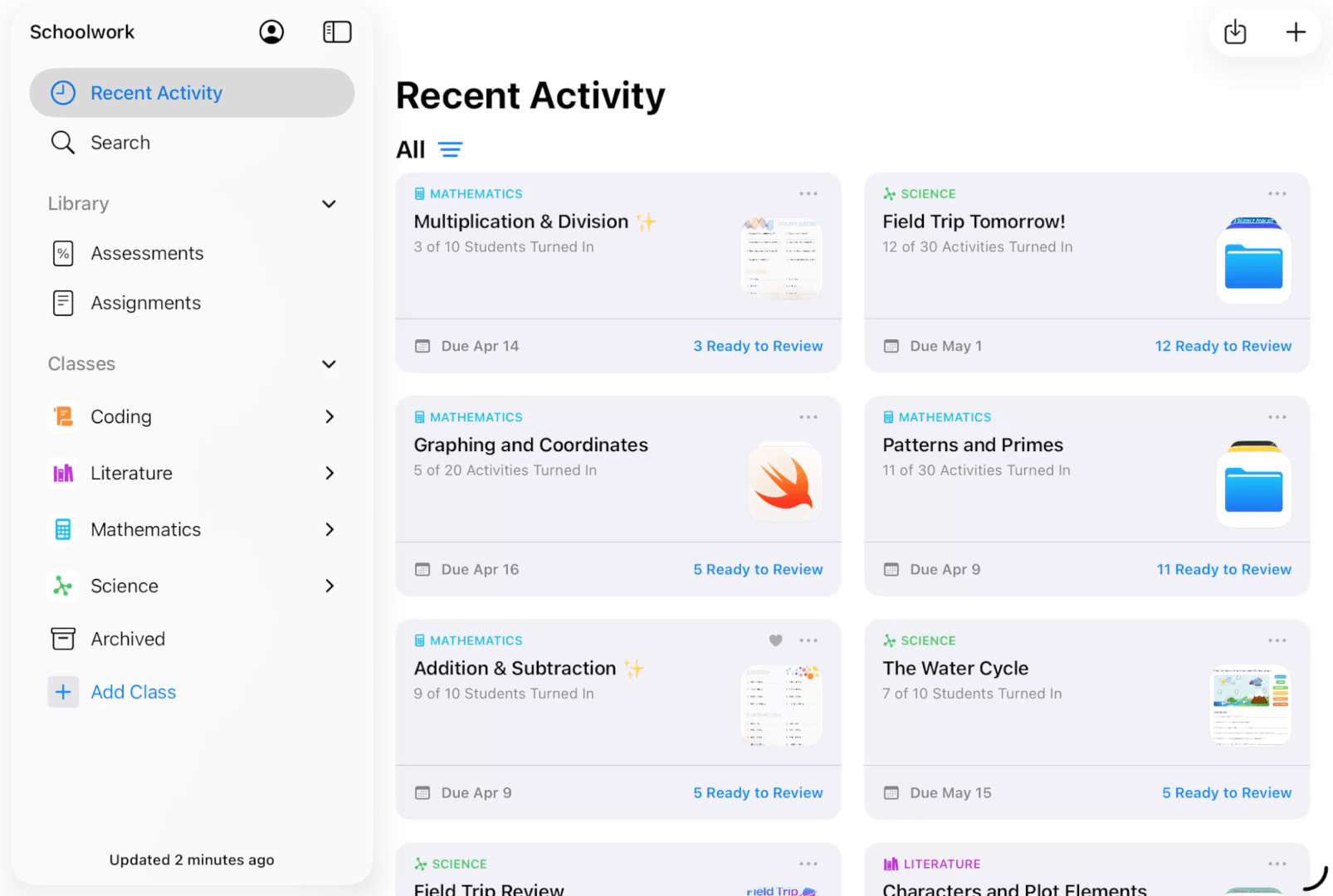 Een voorbeeld van een GIF-bestand dat laat zien hoe je de voortgang van opdrachten en activiteiten bekijkt in Schoolwerk.