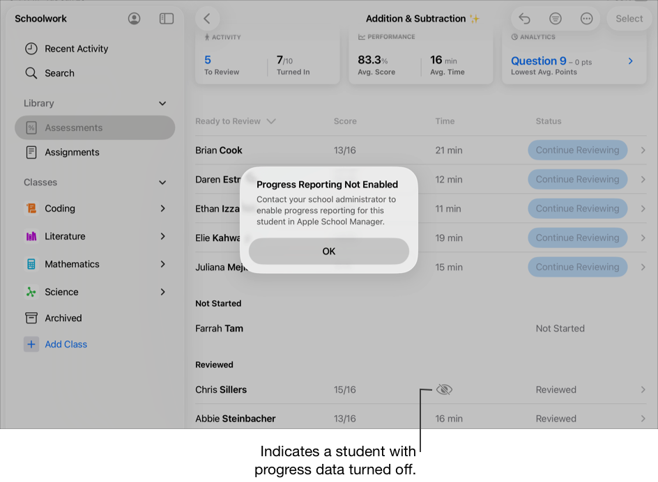 Een voorbeeldweergave met beoordelingsdetails toont gedetailleerde resultaten voor de geselecteerde beoordeling, inclusief het 'Geen voortgang'-symbool in een leerlingrij dat aangeeft dat een leerling voortgangsgegevens heeft uitgeschakeld en het venstermenu met de leerlingvoortgangsgegevens waarin de voortgangsgegevens worden opgegeven, is uitgeschakeld voor de leerling.