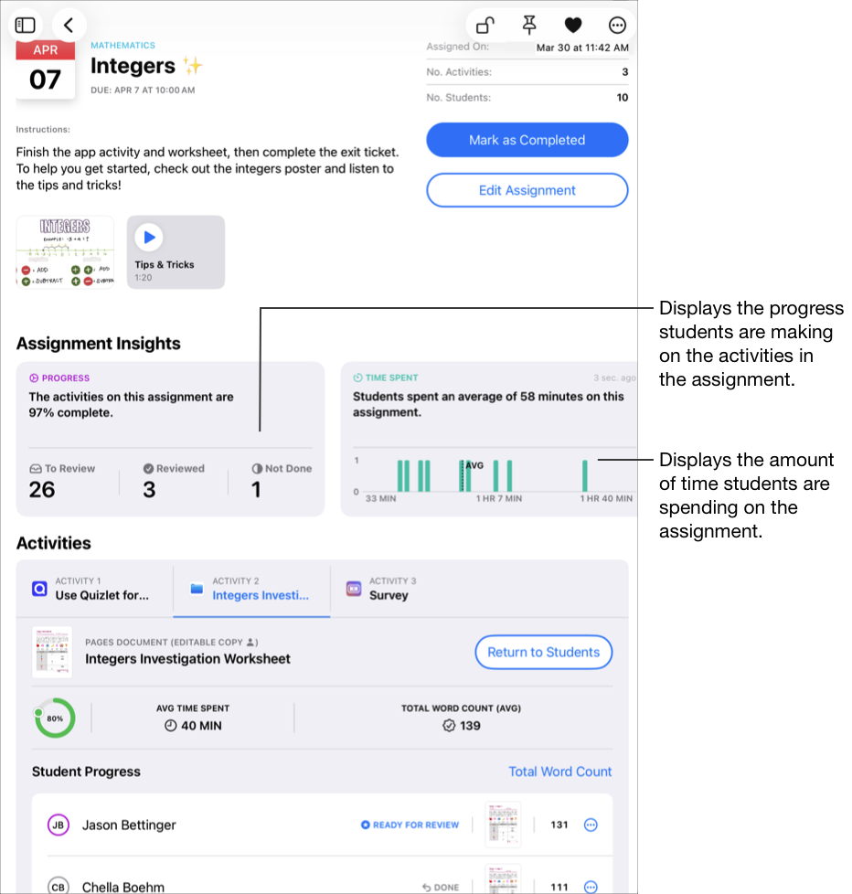 Detaljervisningen for en eksempeloppgave som viser detaljerte framdriftsdata for den valgte aktiviteten, herunder fullføringsprosent, gjennomsnittlig tidsbruk og gjennomsnittlig samlet ordtelling for klassen. Kortet med framdriftsinnsikt viser hvordan elevene/studentene ligger an med aktivitetene i oppgaven. Innsiktskortet for tidsbruk indikerer hvor mye tid elevene/studentene bruker på oppgaven.