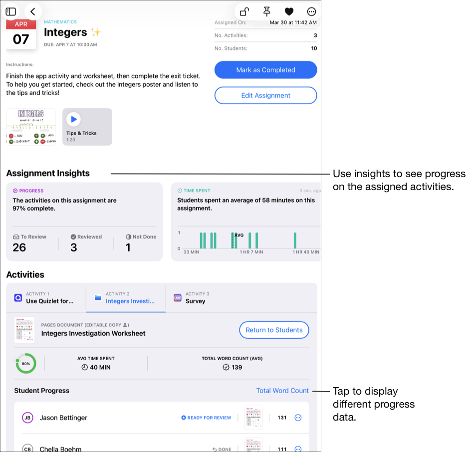 Um exemplo da visualização de detalhes mostrando dados de progresso detalhados da atividade selecionada, incluindo percentual de conclusão, média de tempo gasto e contagem total de palavras em média da turma. No Progresso do Aluno, o Projeto Escolar exibe o resumo do progresso da atividade selecionada assim que pelo menos um aluno enviar o progresso. Para exibir diferentes dados de progresso, toque no link do filtro atual. Use insights para ver o progresso das atividades atribuídas.
