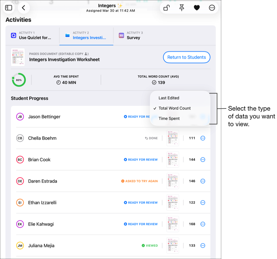 Uma seção de exemplo de Progresso do Aluno de uma tarefa, mostrando as opções de filtro do resumo de progresso. O Projeto Escolar exibe o resumo do progresso para a atividade selecionada assim que pelo menos um aluno enviar o progresso. Para exibir diferentes dados de progresso, toque no link do filtro atual e selecione o tipo de dados que deseja visualizar.