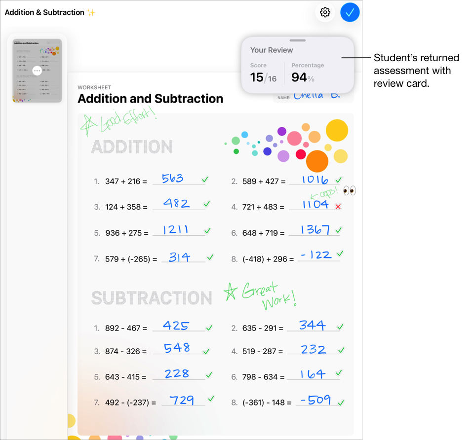 Exemplo de um ficheiro de avaliação devolvido com o cartão de revisão de um(a) aluno(a).