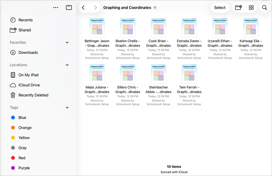Папка «Приложение «Задания» > Математика > Графики и координаты» в iCloud Drive, содержащая десять файлов Keynote.