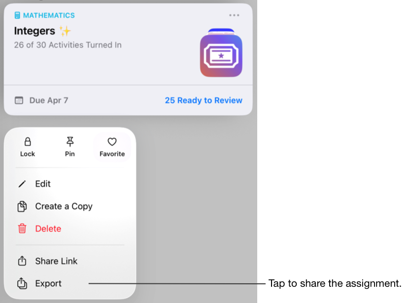 Ukážka karty zadania. Klepnutím na položku Exportovať môžete zadanie zdieľať.