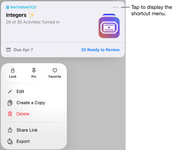 Ukážka zadania s možnosťou Obľúbené vybranou v kontextovej ponuke. Klepnutím na tlačidlo Ďalšie možnosti zobrazíte kontextovú ponuku.