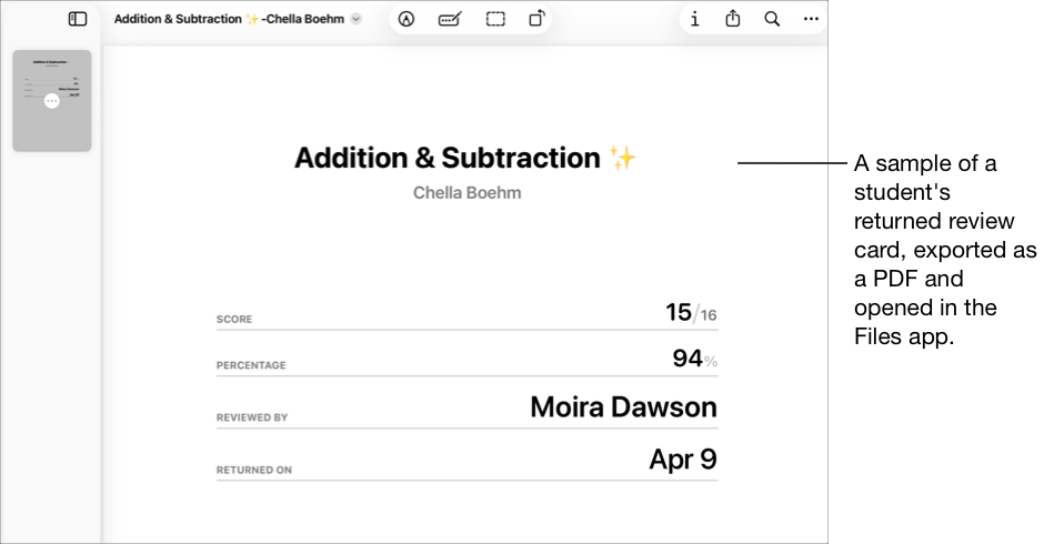 Exempel på en elevs inlämnade granskningskort.