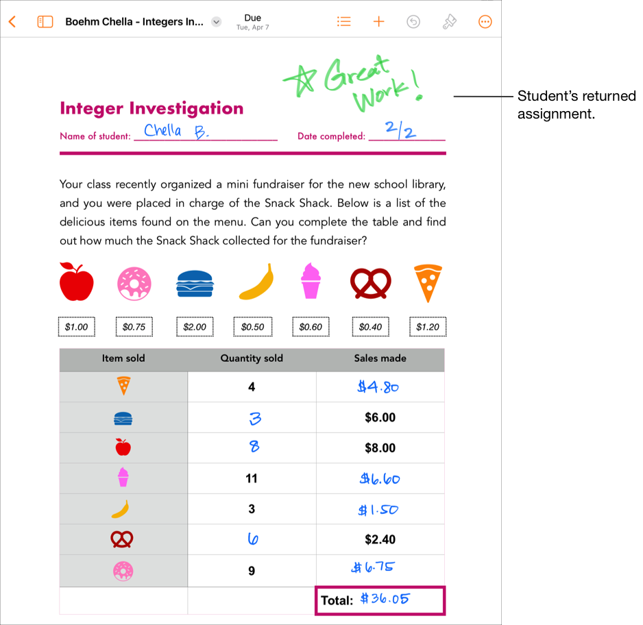 ตัวอย่างไฟล์งานมอบหมายที่ส่งคืนแล้วของนักเรียน
