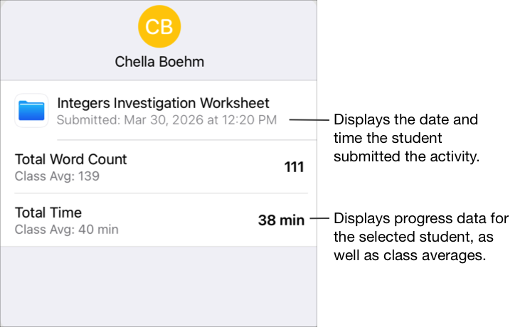 Seçilen öğrenci ve aktivite için örnek bir öğrenci ilerleme durumu verileri açılır bölmesi. Açılır bölmede, seçilen aktivite ve öğrenci için ilerleme durumu verilerinin yanı sıra sınıf ortalamaları ve gönderildiği tarih ve saat gösterilmektedir.